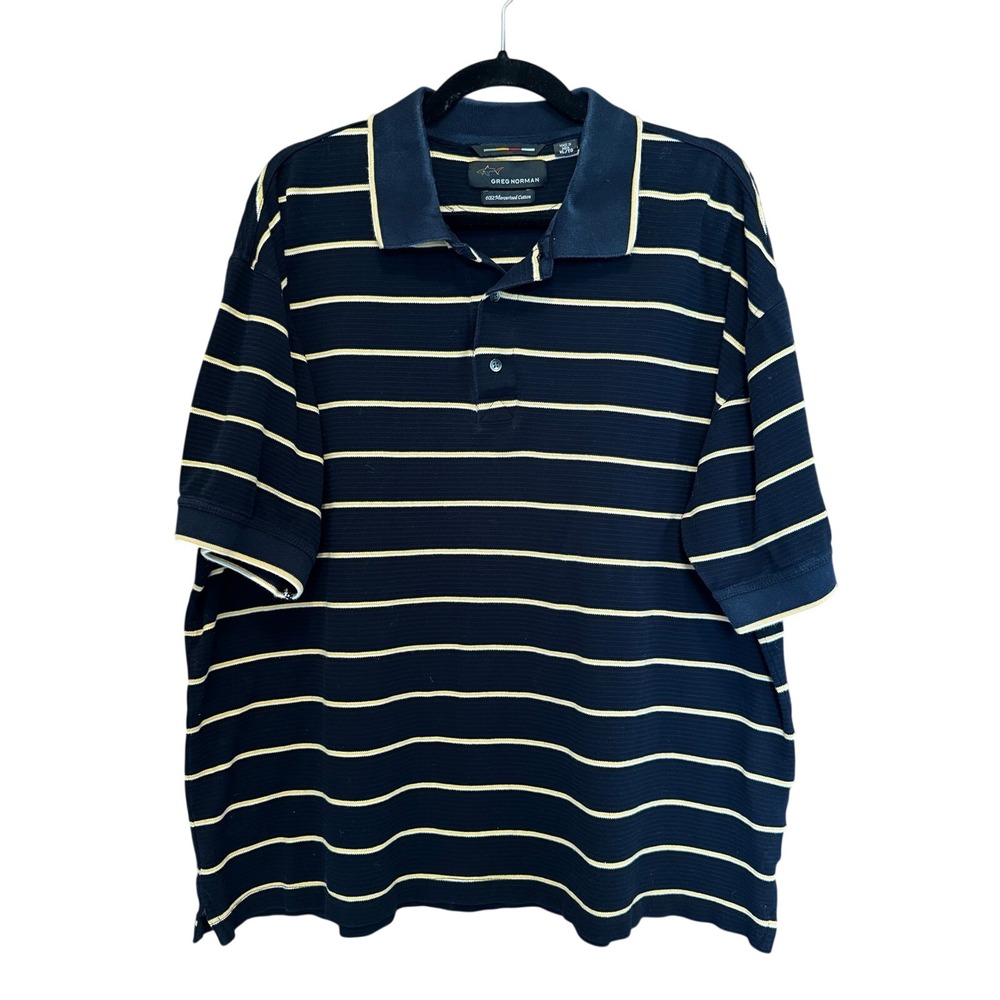 Greg Norman Mens Navy Yellow Stripe Polo Shirt 60/2 Mercerized Cotton XL‎